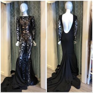 KINI ZAMORA black beaded lace evening gown.